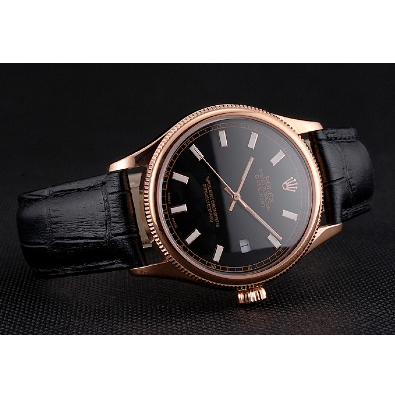 Good copy rolex watches Gold Leather Black Datejust Black Dial Swiss Rose Strap Rolex Case 0822